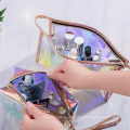 Low MOQ 100PCS Custom Logo New Fashion Transparent Laser Cosmetic Pouch Luxury Print Clear Holographic Makeup Bag